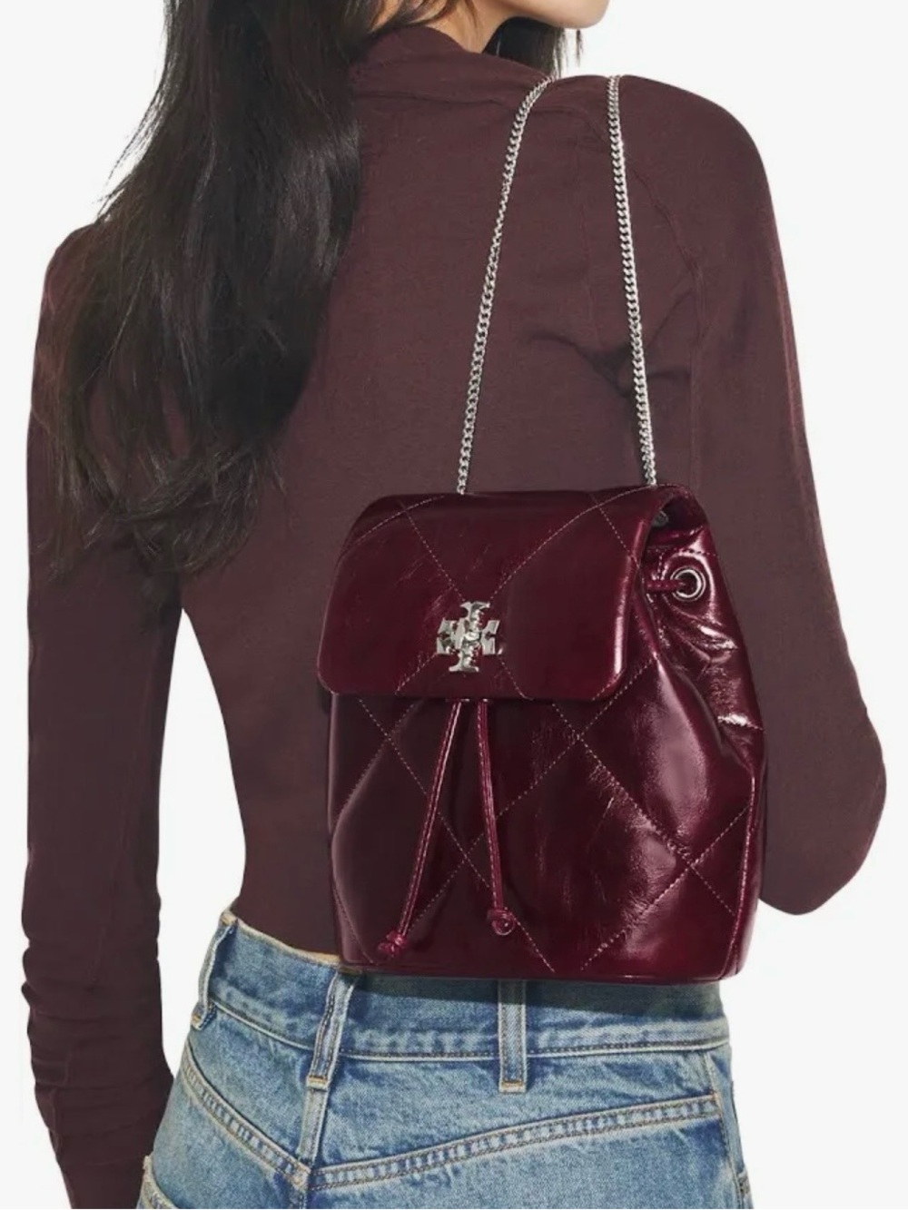 NWOT Tory Burch Quilted Patent Leather Drawstring Backpack in Deep Wine
